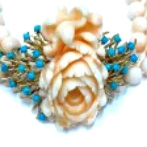 Angel Skin Coral Turquoise Pearl Necklace in 12K Yellow Gold Magnificient
